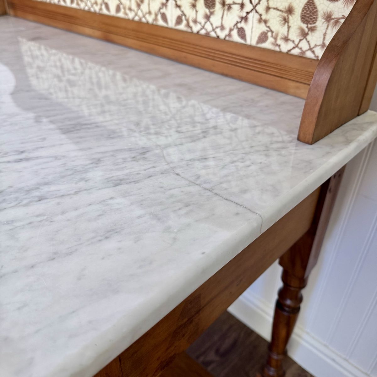 Antique Carrara Marble Washstand / Sideboard with Pinecone Tile Backsplash