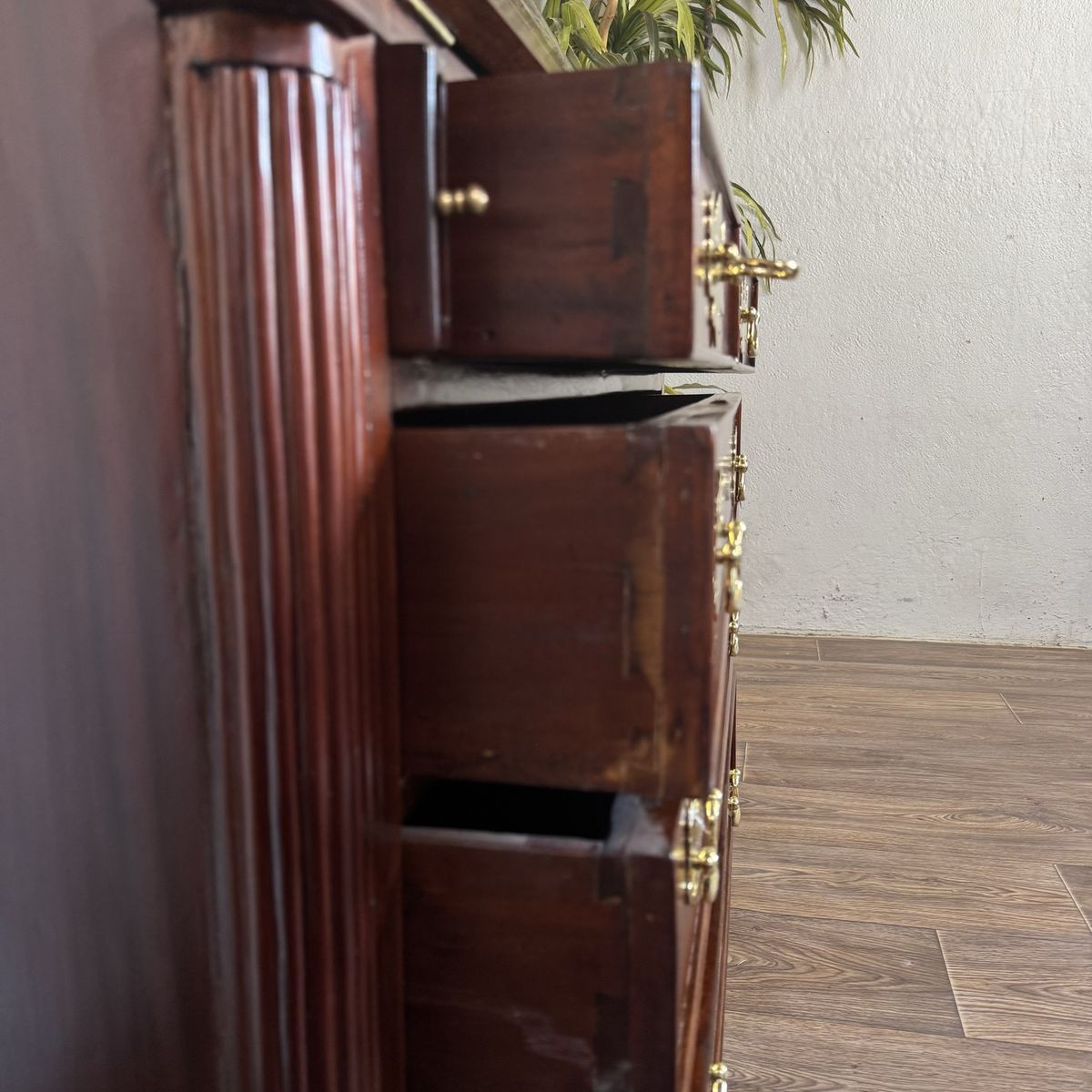 Handcrafted Mahogany Secretary Bookcase with Gothic Glass Doors