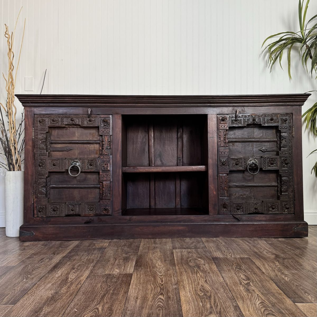 Vintage Hand-Carved Solid Wood Credenza, Sideboard, or Media Console