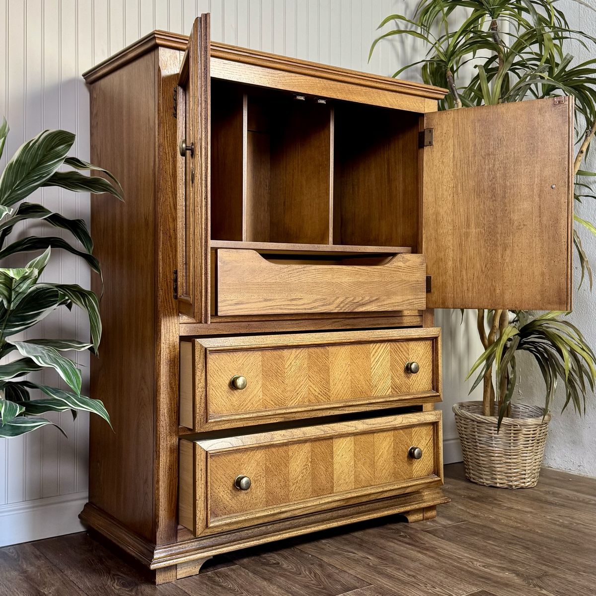 Vintage Herringbone Parquet Oak Highboy Dresser