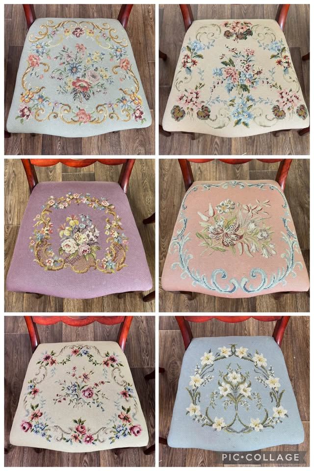 6 Vintage Victorian Rococo Revival Balloon-Back Dining Chairs with Needlepoint Seats