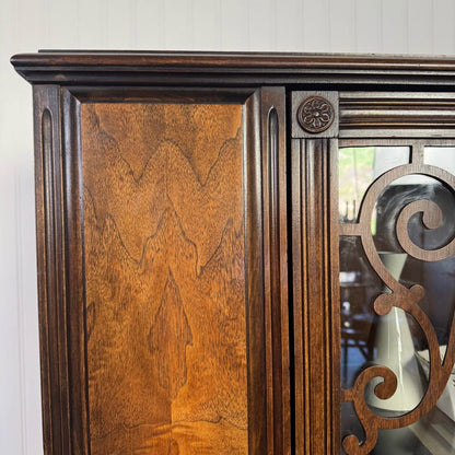1930s Jacobean Revival Burl Walnut Display Cabinet