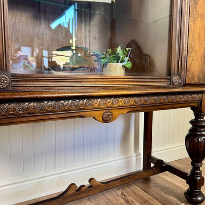 1930s Jacobean Revival Burl Walnut Display Cabinet