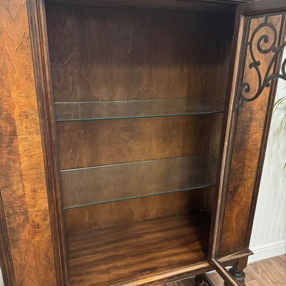 1930s Jacobean Revival Burl Walnut Display Cabinet