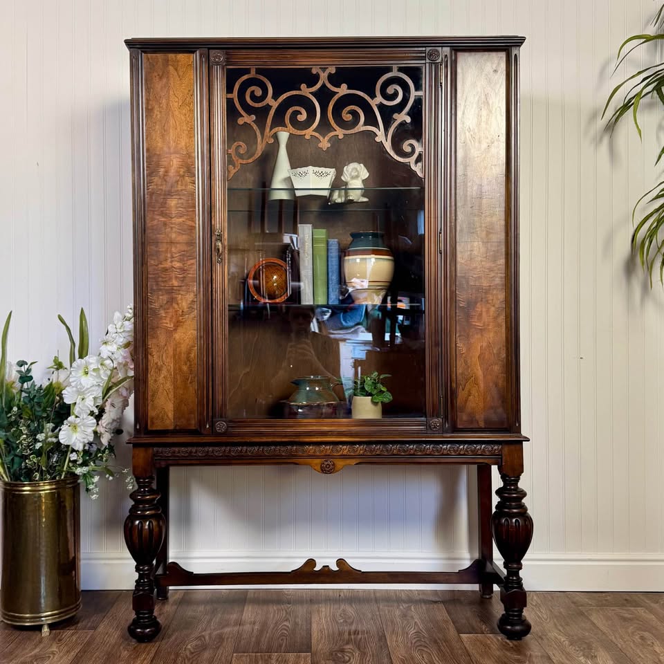 1930s Jacobean Revival Burl Walnut Display Cabinet
