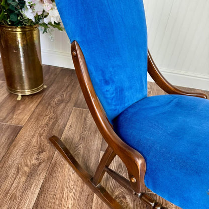 Vintage Victorian-Revival Parlor Rocking Chair – Cobalt Blue Velvet Accent Chai