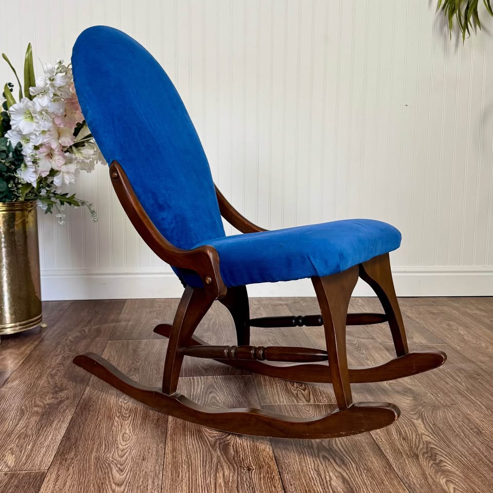 Vintage Victorian-Revival Parlor Rocking Chair – Cobalt Blue Velvet Accent Chai