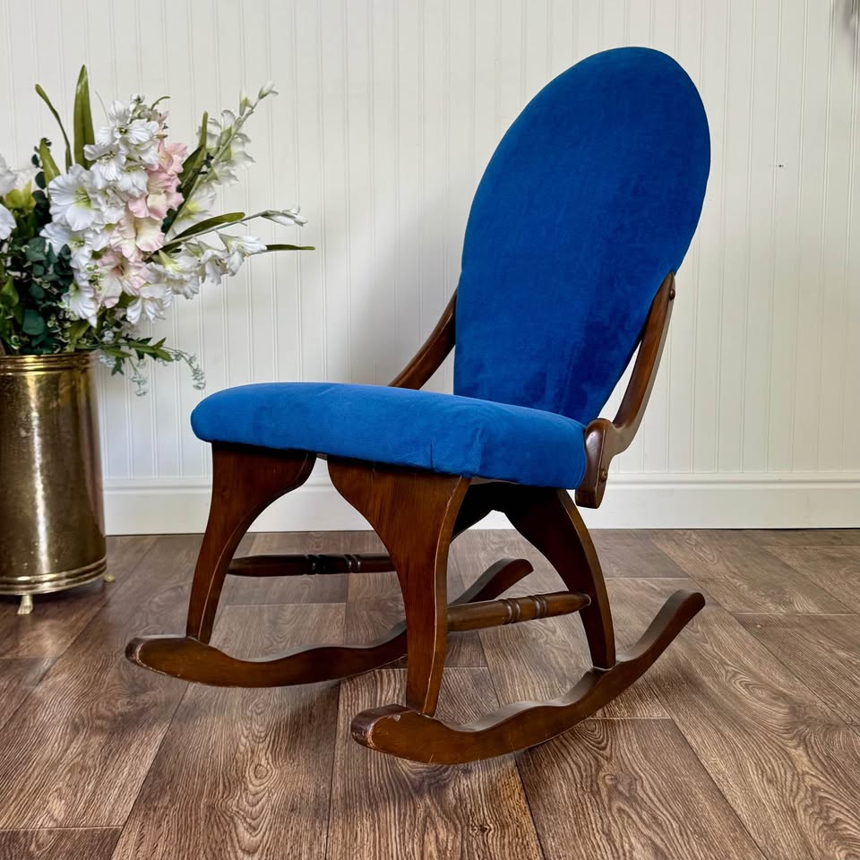 Vintage Victorian-Revival Parlor Rocking Chair – Cobalt Blue Velvet Accent Chai