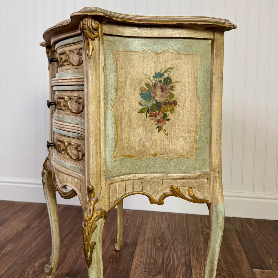 French Provincial Hand-Painted Nightstand – Floral Accent Chest