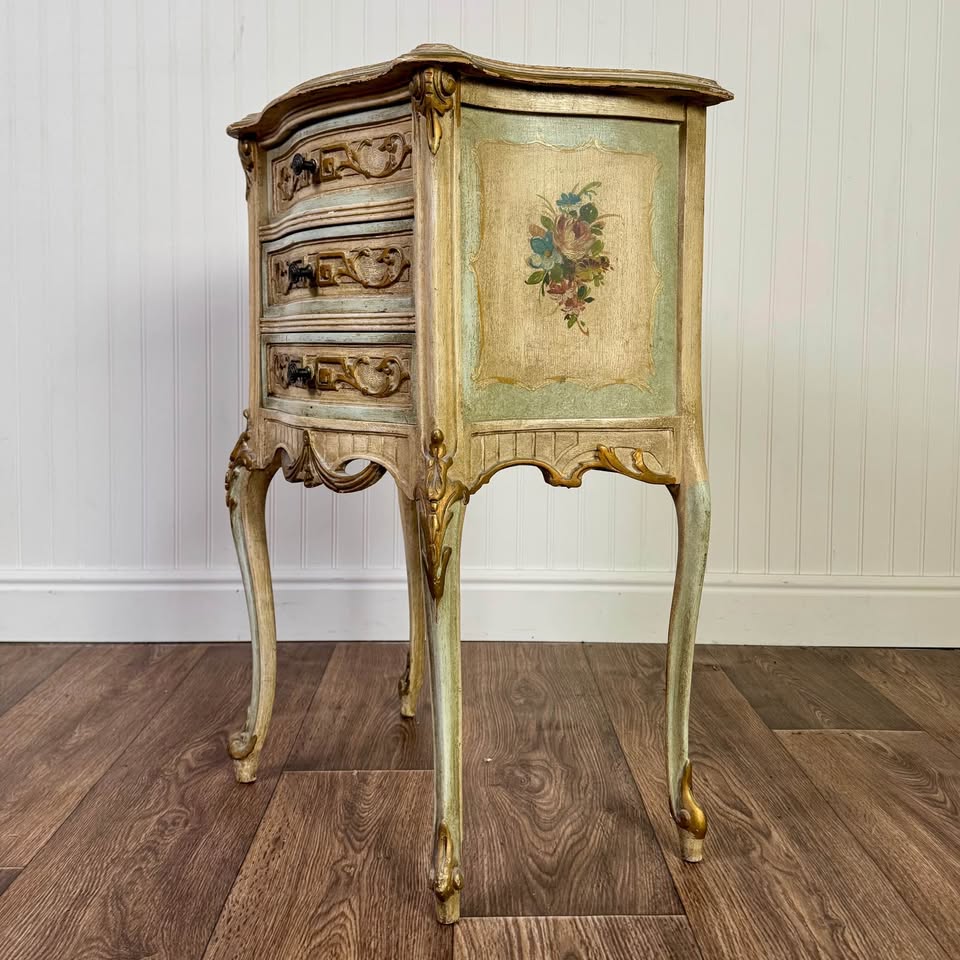 French Provincial Hand-Painted Nightstand – Floral Accent Chest