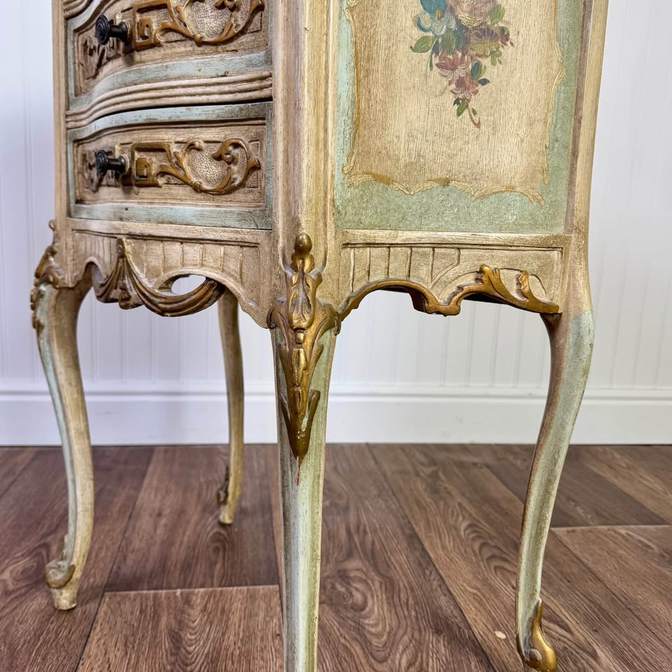 French Provincial Hand-Painted Nightstand – Floral Accent Chest