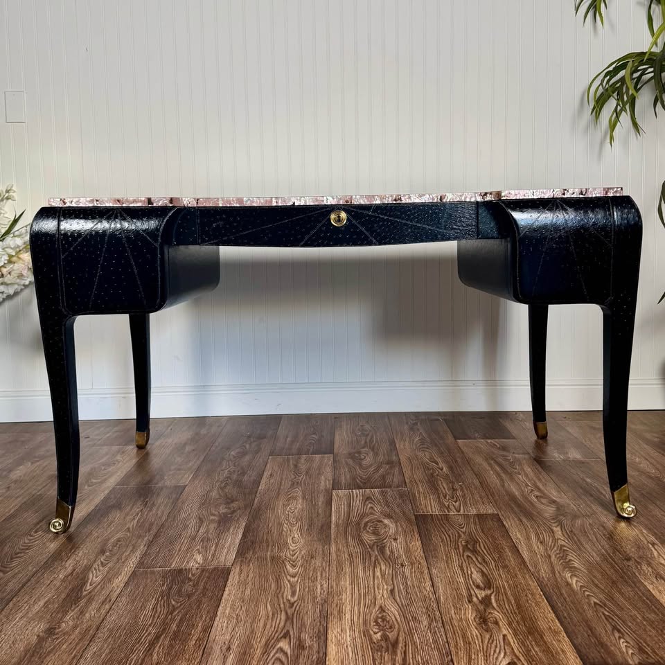 Maitland-Smith Vintage 80s Glam Leather-Wrapped Desk w/ Pink Abalone Shell Top