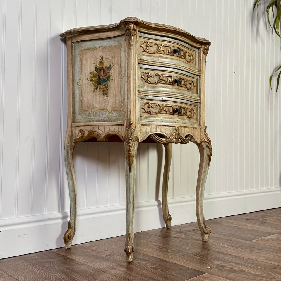 French Provincial Hand-Painted Nightstand – Floral Accent Chest
