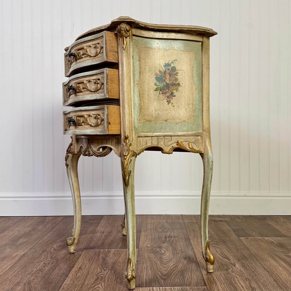 French Provincial Hand-Painted Nightstand – Floral Accent Chest