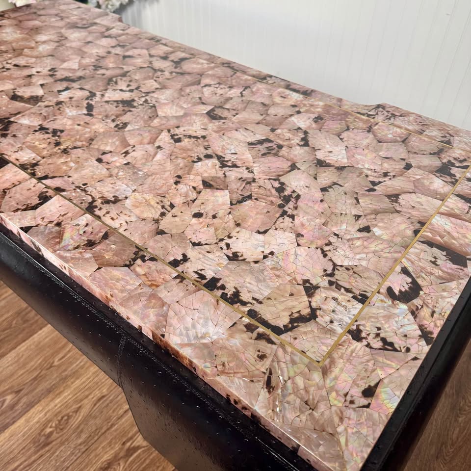 Maitland-Smith Vintage 80s Glam Leather-Wrapped Desk w/ Pink Abalone Shell Top