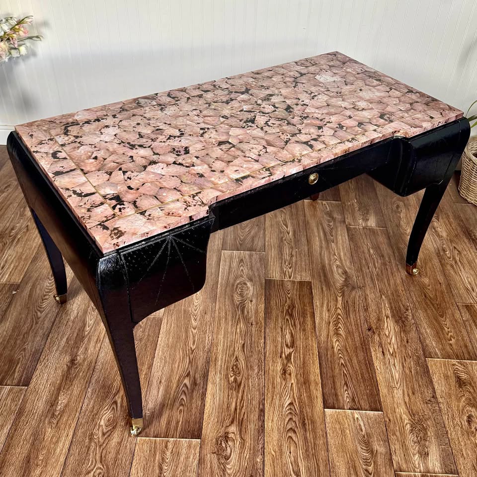Maitland-Smith Vintage 80s Glam Leather-Wrapped Desk w/ Pink Abalone Shell Top
