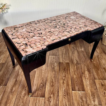 Maitland-Smith Vintage 80s Glam Leather-Wrapped Desk w/ Pink Abalone Shell Top