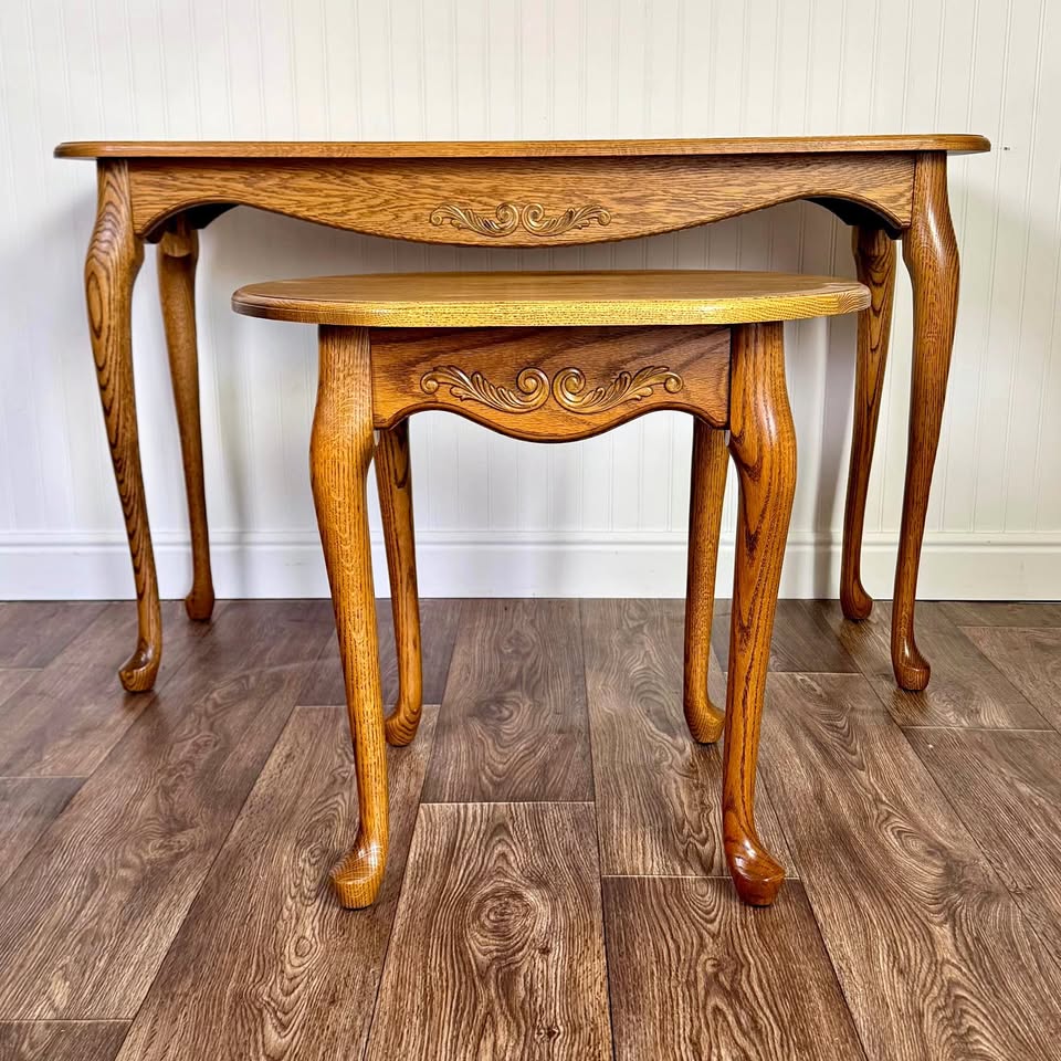 Vintage Solid Oak Heirloom Console and Side Table Set