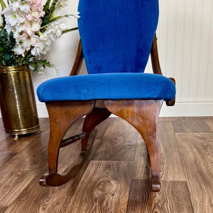 Vintage Victorian-Revival Parlor Rocking Chair – Cobalt Blue Velvet Accent Chai