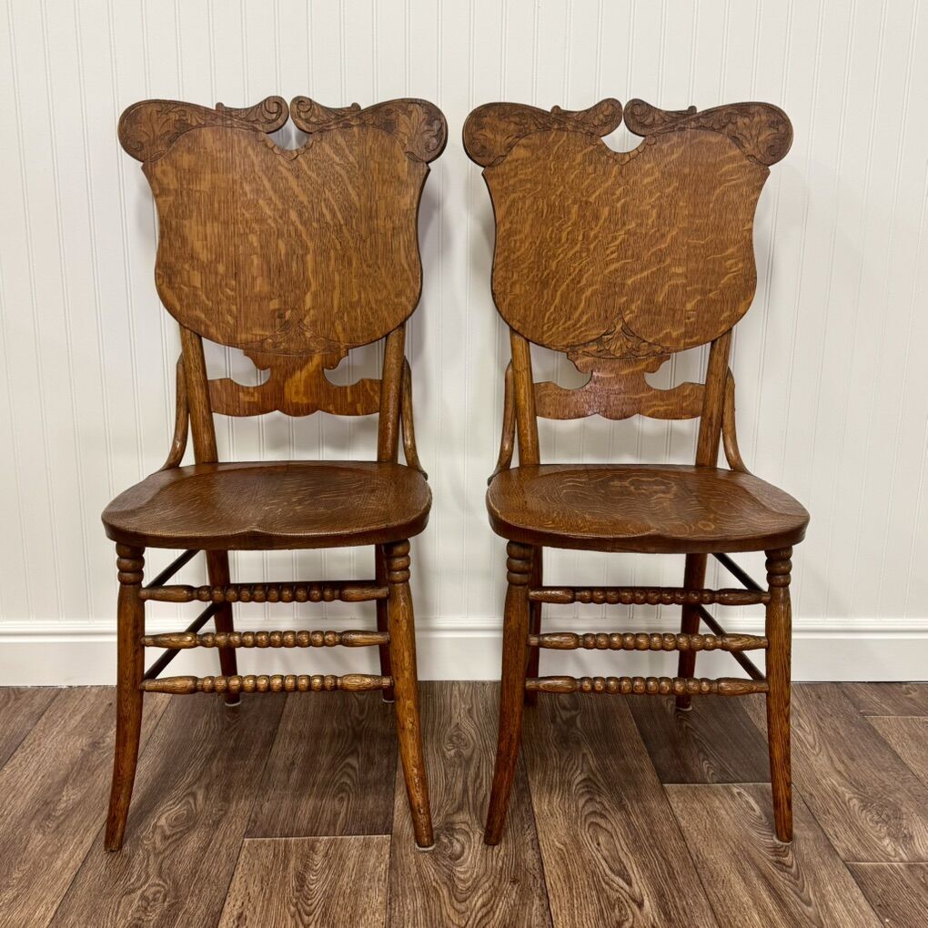 Pair Antique Victorian Tiger Oak Chairs