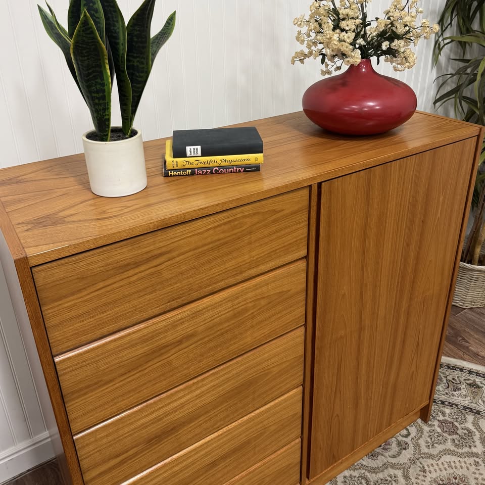 Top view of MCM Danish teak dresser and linen press