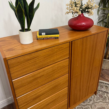 Top view of MCM Danish teak dresser and linen press