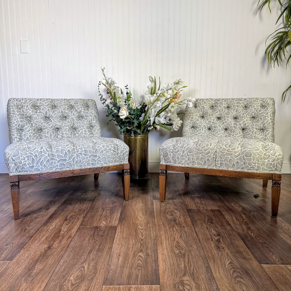 Pair of Vintage Hollywood Regency Tufted Slipper Chairs