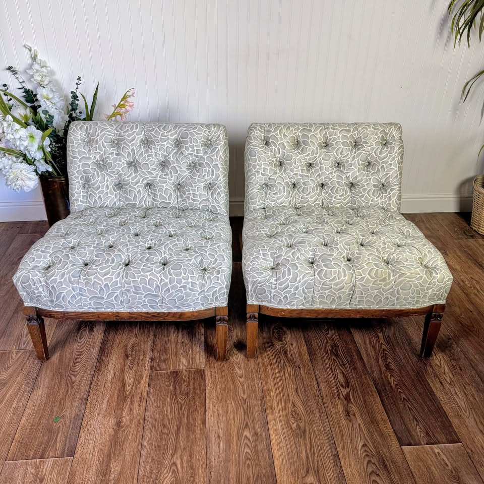 Pair of Vintage Hollywood Regency Tufted Slipper Chairs