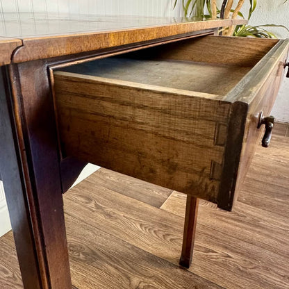 Close up side view of drawer of federal mahogany end table showing dovetail joinery