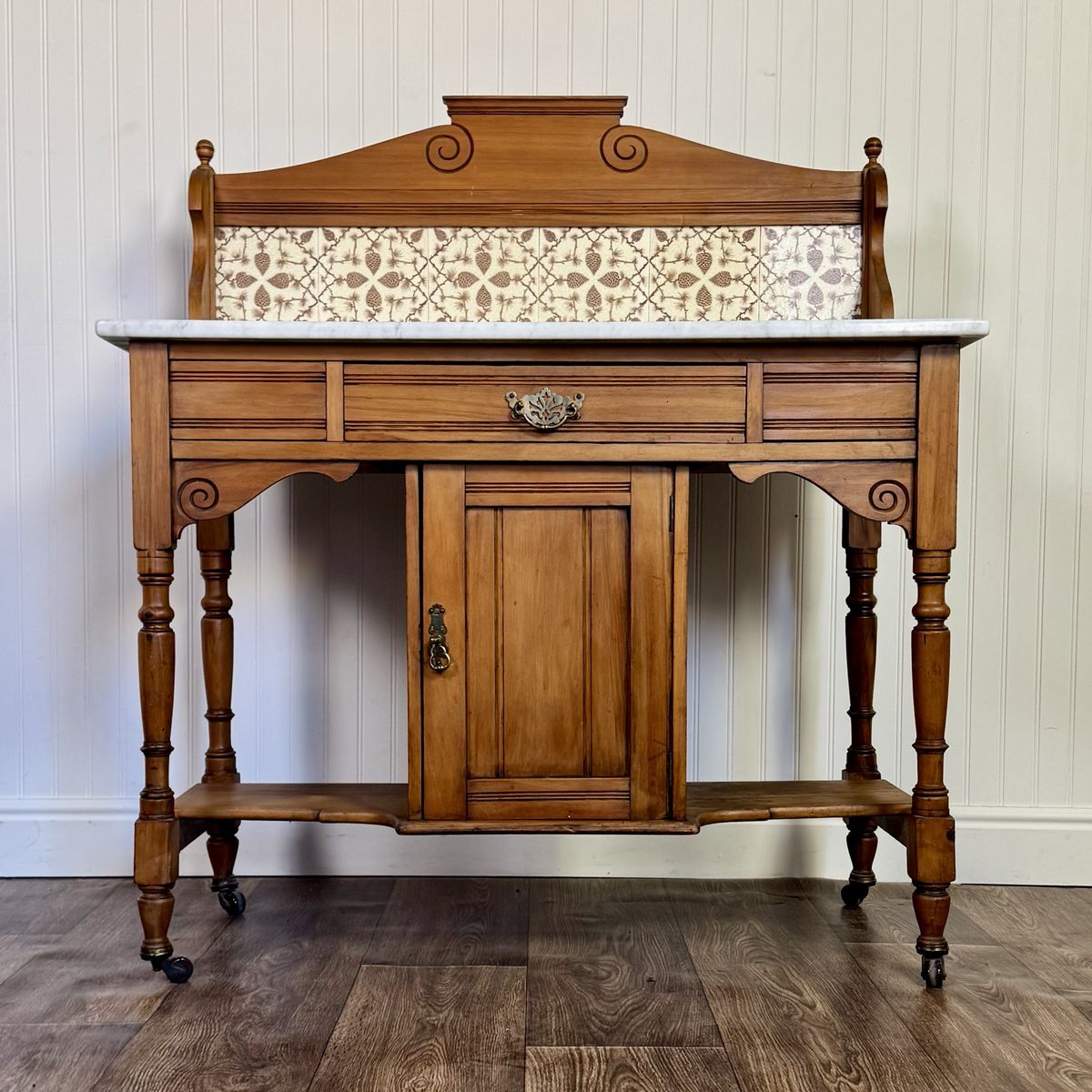 Antique Carrara Marble Washstand / Sideboard with Pinecone Tile Backsplash