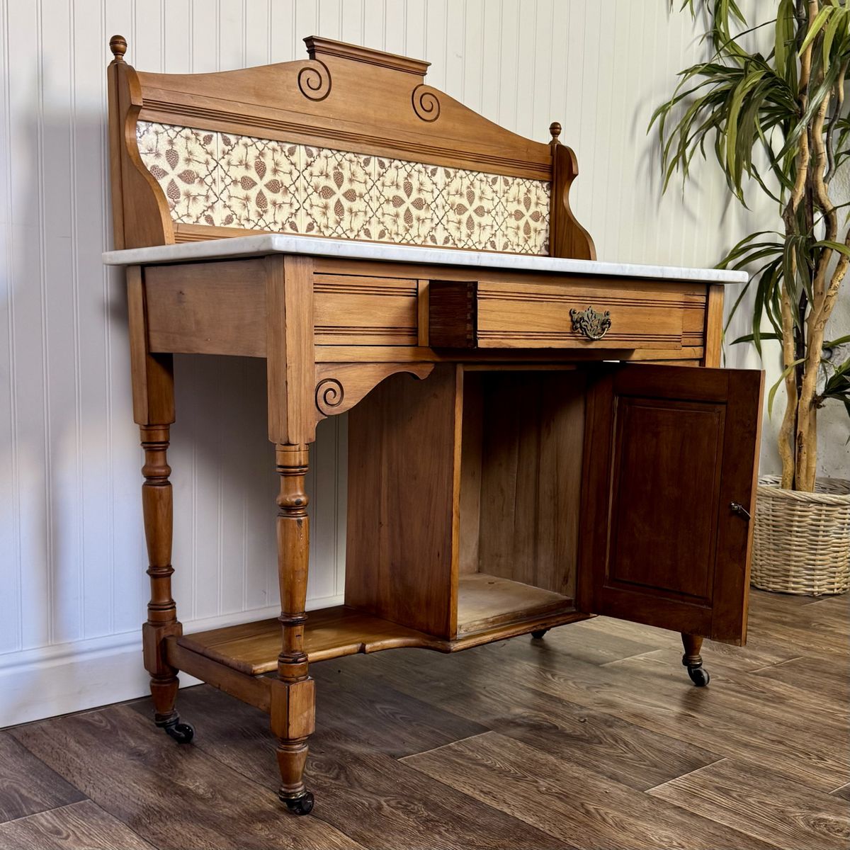 Antique Carrara Marble Washstand / Sideboard with Pinecone Tile Backsplash