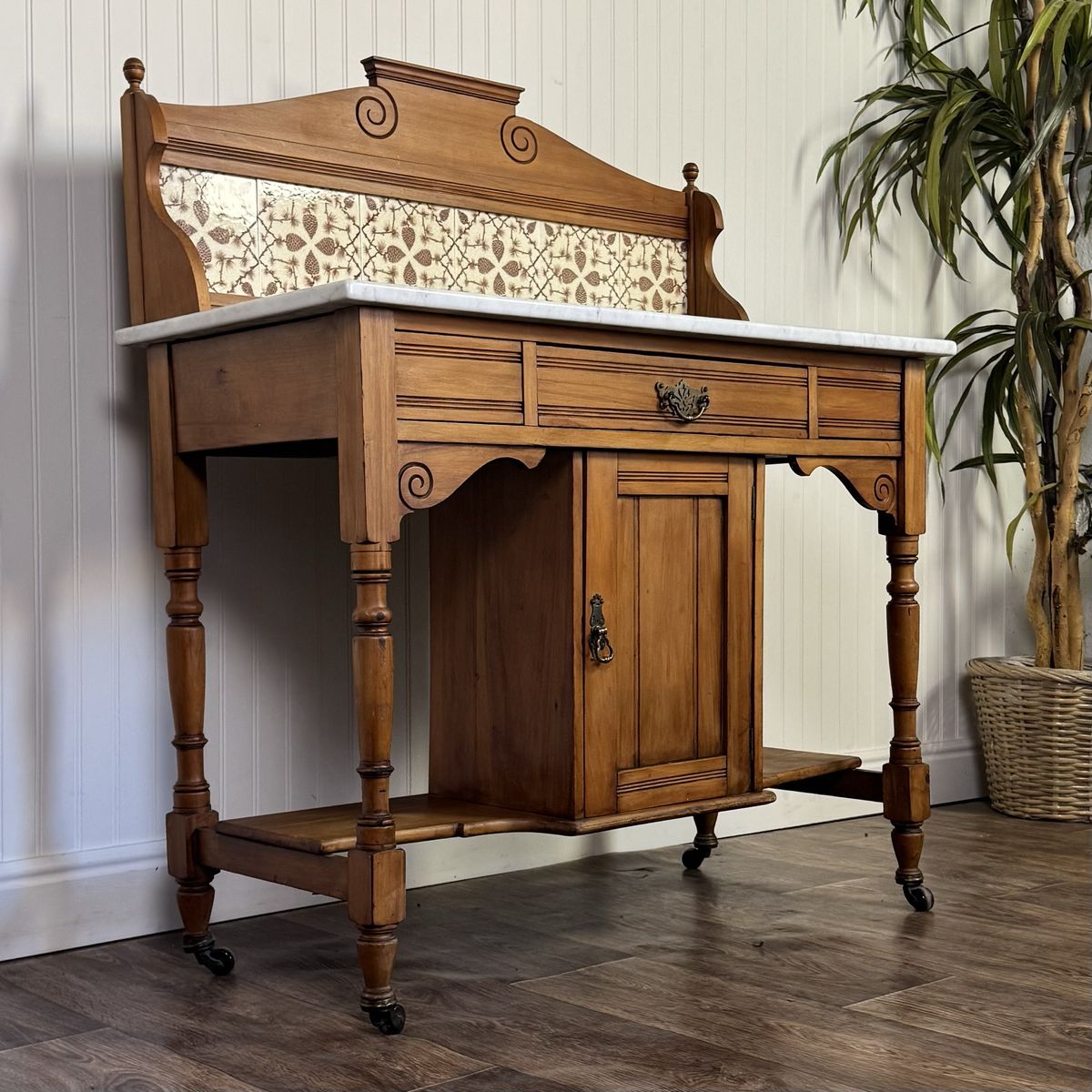 Antique Carrara Marble Washstand / Sideboard with Pinecone Tile Backsplash
