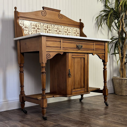 Antique Carrara Marble Washstand / Sideboard with Pinecone Tile Backsplash