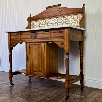 Antique Carrara Marble Washstand / Sideboard with Pinecone Tile Backsplash