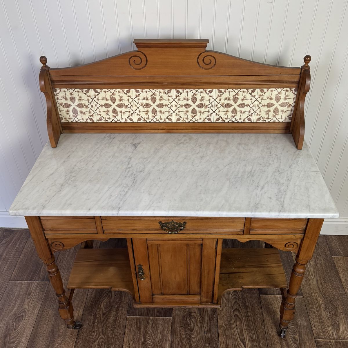 Antique Carrara Marble Washstand / Sideboard with Pinecone Tile Backsplash