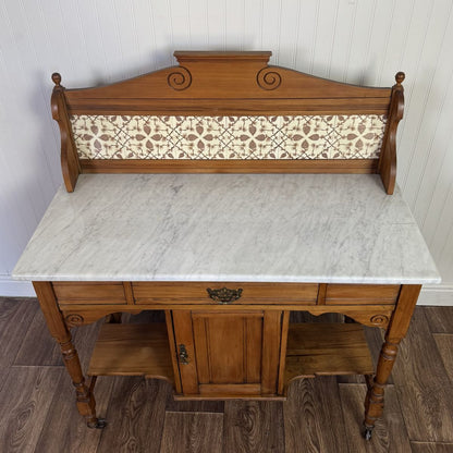 Antique Carrara Marble Washstand / Sideboard with Pinecone Tile Backsplash
