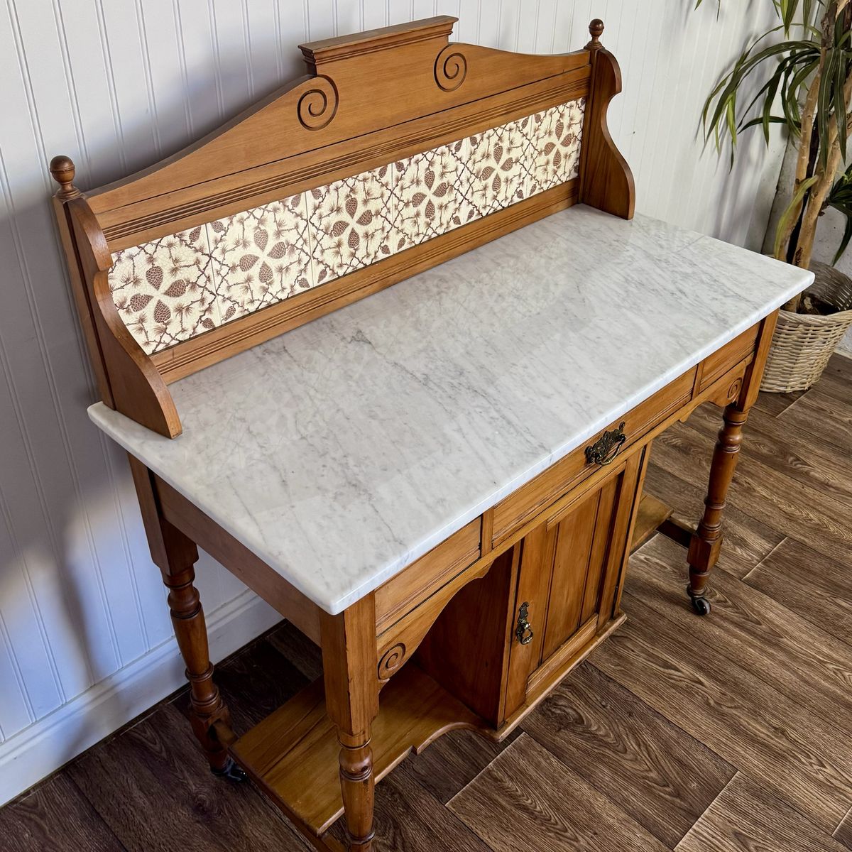 Antique Carrara Marble Washstand / Sideboard with Pinecone Tile Backsplash