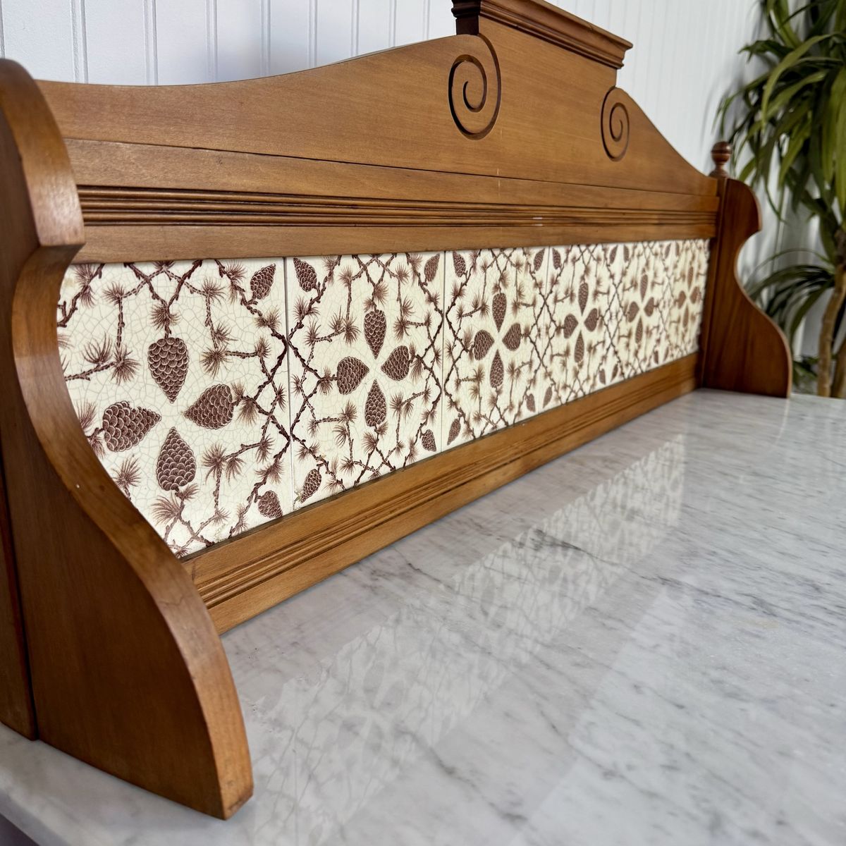 Antique Carrara Marble Washstand / Sideboard with Pinecone Tile Backsplash