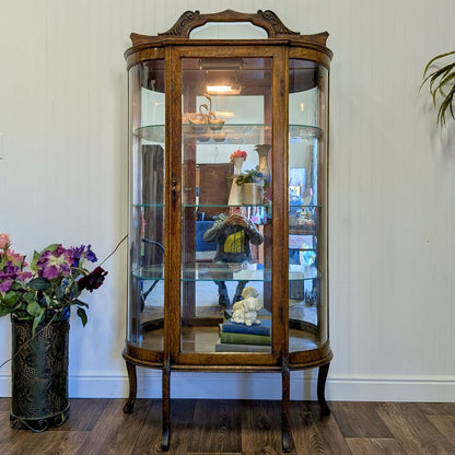 Antique Tiger Oak Bowed Glass Display Cabinet / Curio