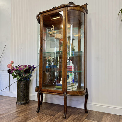 Antique Tiger Oak Bowed Glass Display Cabinet / Curio