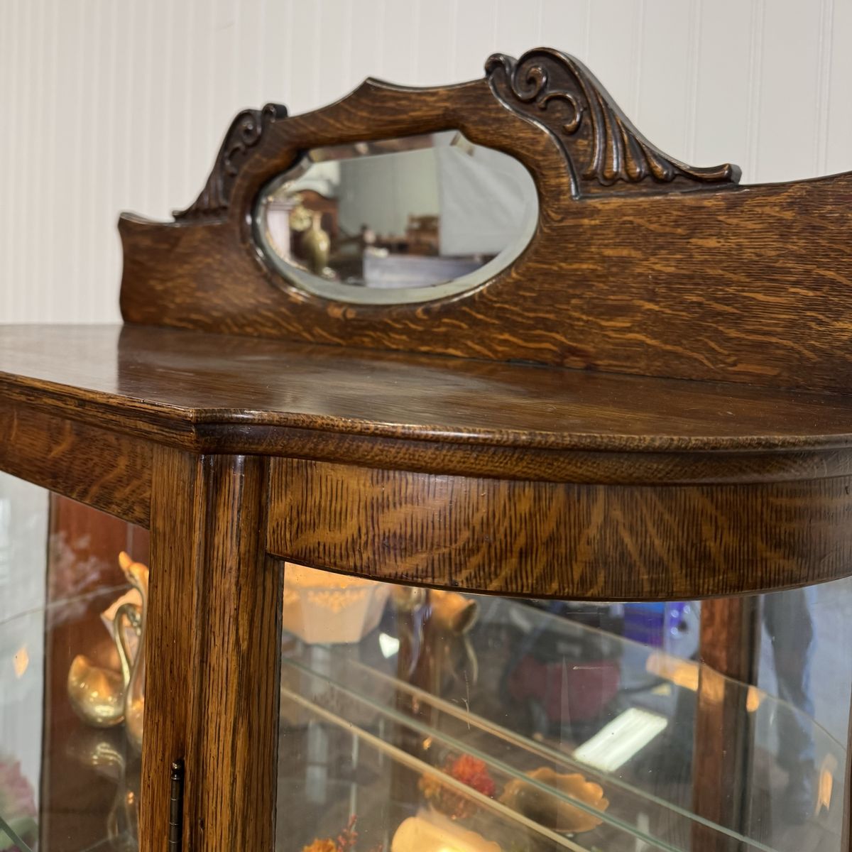 Antique Tiger Oak Bowed Glass Display Cabinet / Curio