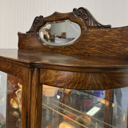 Antique Tiger Oak Bowed Glass Display Cabinet / Curio