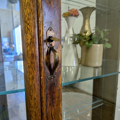 Antique Tiger Oak Bowed Glass Display Cabinet / Curio