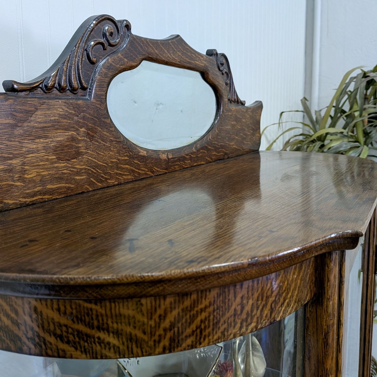 Antique Tiger Oak Bowed Glass Display Cabinet / Curio