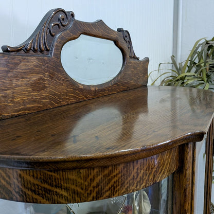 Antique Tiger Oak Bowed Glass Display Cabinet / Curio