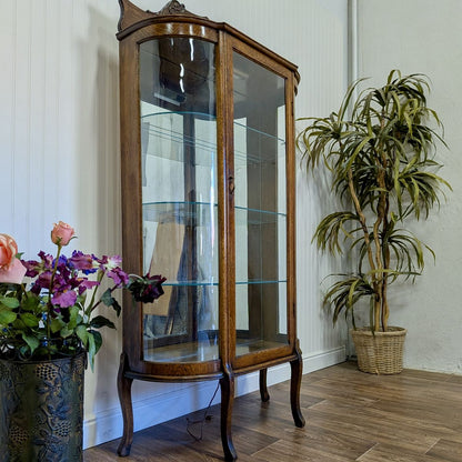 Antique Tiger Oak Bowed Glass Display Cabinet / Curio