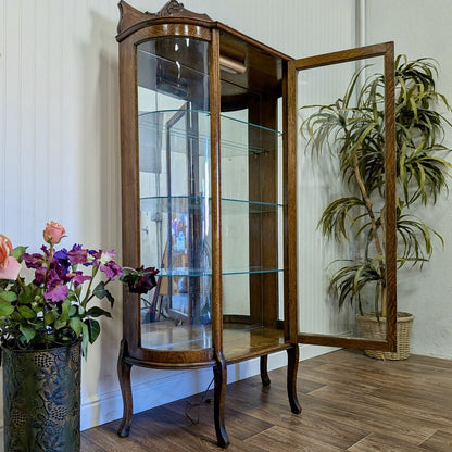 Antique Tiger Oak Bowed Glass Display Cabinet / Curio