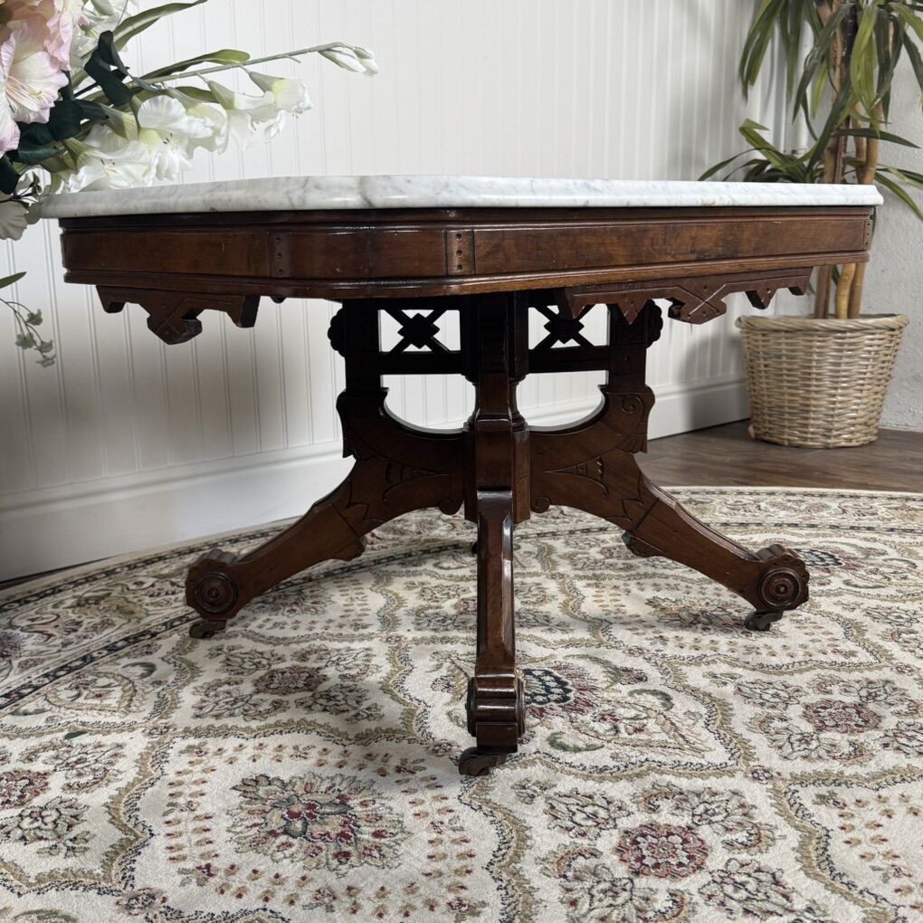 Antique Victorian Marble Top Walnut Side Table