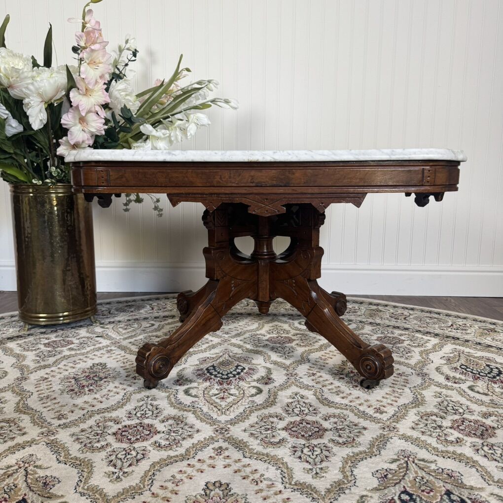 Antique Victorian Marble Top Walnut Side Table