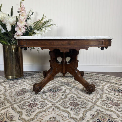 Antique Victorian Marble Top Walnut Side Table
